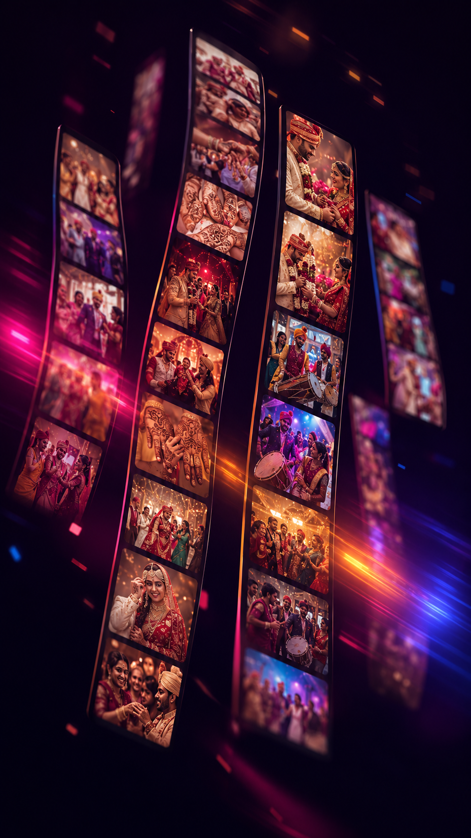 Abstract collage of vertical wedding reel clips with colorful gradient light trails
