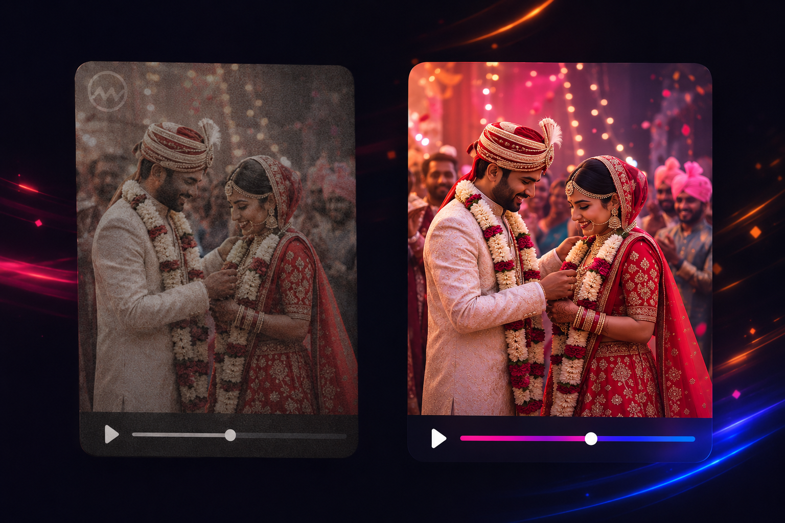 Side by side comparison of a low-resolution watermarked reel versus a high-resolution watermark-free Pro reel
