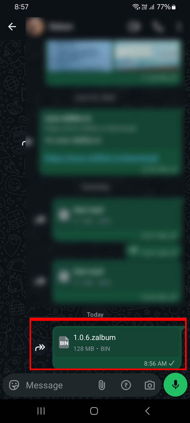 A .zalbum file attached in a WhatsApp chat