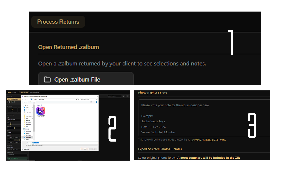 Process Returns screen in Creator Studio showing selected photos, notes, and the export ZIP options