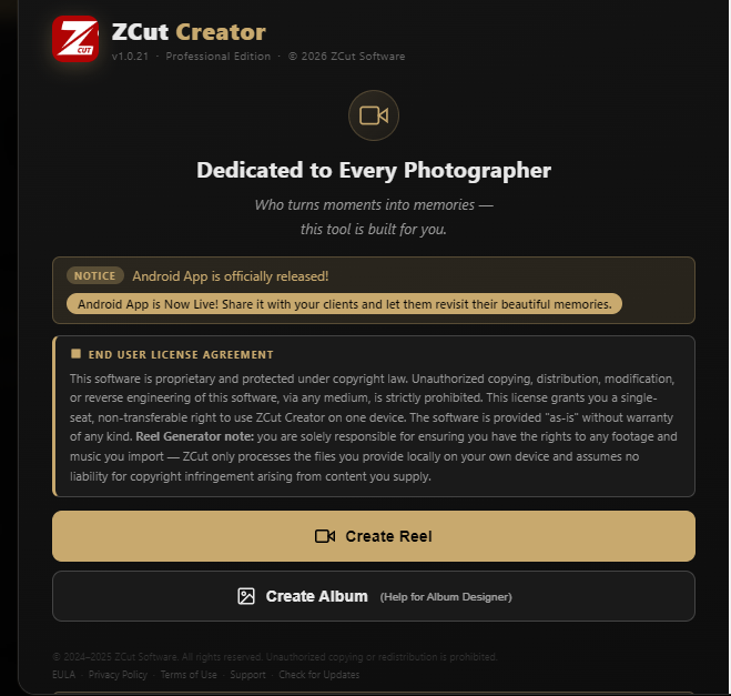 Creator Studio splash screen with Create Reel and Create Album choice buttons