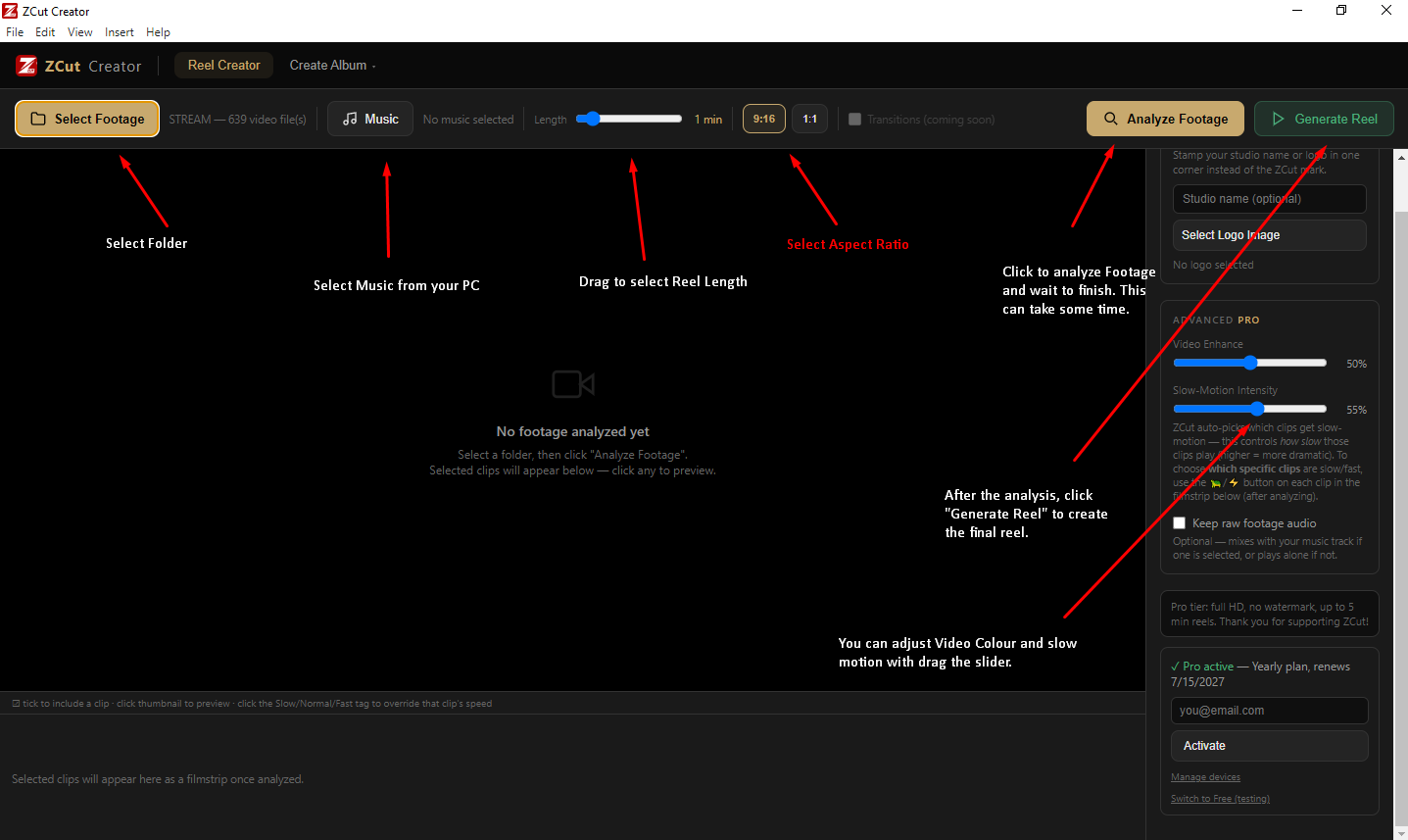 Reel Creator toolbar with Select Footage, Music, Length, Aspect Ratio, Analyze Footage, Generate Reel, and the Advanced Pro panel labelled
