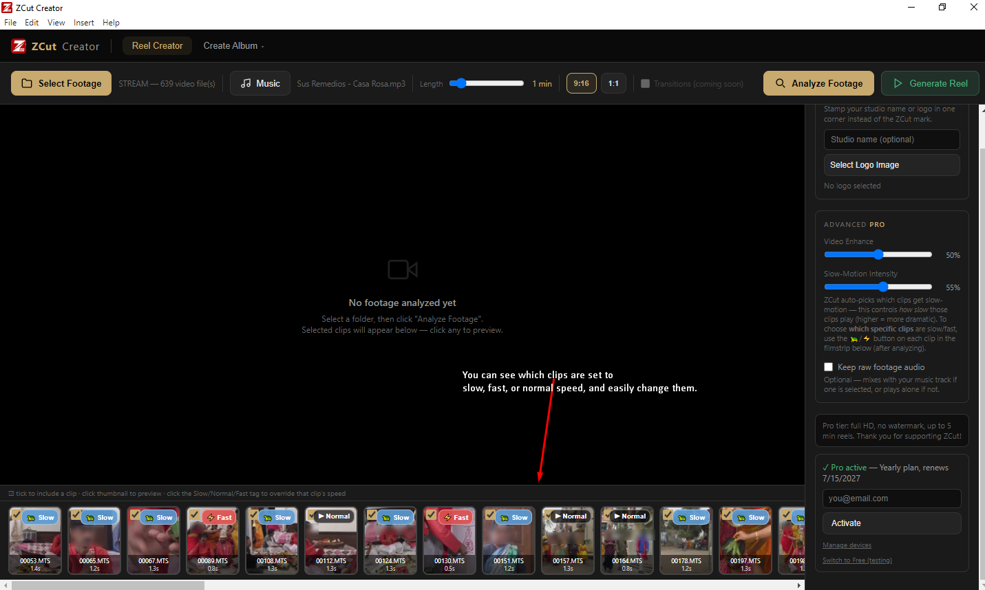 Filmstrip of analyzed clips, each tagged Slow, Fast, or Normal, with an arrow pointing to the speed tags